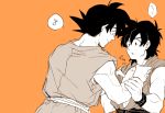  2boys annoyed black_eyes black_hair dougi dragon_ball dragonball_z father_and_son greyscale happy heart male_focus monochrome multiple_boys musical_note orange_background short_hair simple_background smile son_gokuu son_goten speech_bubble spiky_hair translation_request wristband 