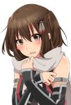  1girl blush brown_eyes brown_hair detached_sleeves eyebrows_visible_through_hair hair_between_eyes hair_ornament kantai_collection looking_at_viewer open_mouth parted_lips rinto_(rint_rnt) scarf sendai_(kantai_collection) short_hair simple_background solo upper_body vest wavy_mouth white_background white_scarf 