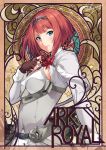  1girl ark_royal_(kantai_collection) art_nouveau belt belt_buckle blue_eyes brown_gloves buckle character_name corset fingerless_gloves flower gloves hairband kantai_collection long_sleeves red_ribbon red_rose redhead ribbon rose sakiyamama short_hair solo tiara white_corset 