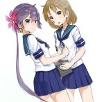  2girls akebono_(kantai_collection) bandaid bandaid_on_face bell blue_sailor_collar blue_skirt box brown_eyes brown_hair dutch_angle flower hair_bell hair_flower hair_ornament jingle_bell kangoku_kou kantai_collection long_hair looking_at_viewer multiple_girls oboro_(kantai_collection) pleated_skirt purple_hair school_uniform serafuku short_hair short_sleeves side_ponytail simple_background skirt very_long_hair violet_eyes white_background 