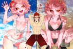 &gt;_&lt; 1boy 1girl :d abs ashido_mina beach bikini black_bikini blue_sky blush boku_no_hero_academia breasts cleavage clenched_teeth closed_eyes clouds flower frilled_bikini frills frustrated hair_flower hair_ornament hanazawa heart hetero horns kirishima_eijirou looking_at_viewer male_swimwear medium_breasts navel open_mouth pink_hair pink_skin red_eyes redhead seductive_smile short_hair sky smile spiky_hair swim_trunks swimsuit swimwear teeth topless waving white_bikini