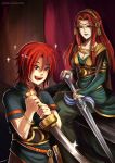 bracelet fire_emblem fire_emblem:_seima_no_kouseki gzei holding holding_sword holding_weapon ismaire jewelry joshua_(fire_emblem) long_hair mother_and_son redhead smile spiky_hair sword weapon younger 