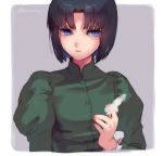  1girl alternate_costume bangs black_hair blue_eyes dress fingernails ghost_in_the_shell green_dress grey_background holding_feather katsuoboshi kusanagi_motoko looking_at_viewer nib_pen_(medium) short_hair simple_background solo traditional_media twitter_username upper_body younger 