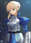  1girl ahoge armor armored_dress artoria_pendragon_(all) bangs blonde_hair blue_eyes blue_ribbon closed_mouth cowboy_shot fate/stay_night fate_(series) hair_ribbon highres juliet_sleeves long_sleeves nikame puffy_sleeves ribbon saber solo v-shaped_eyebrows 