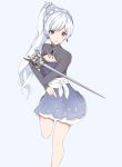  1girl blue_dress blue_eyes breasts cleavage dress earrings eyebrows_visible_through_hair hair_ornament high_ponytail highres holding holding_sword holding_weapon jewelry long_hair one_leg_raised rwby scar scar_across_eye short_dress silver_hair sketch solo standing sword very_long_hair weapon weiss_schnee yui_tsuda 
