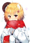  1girl absurdres ahoge blonde_hair eyebrows_visible_through_hair hair_ornament highres huaimeng long_sleeves looking_at_viewer mittens open_mouth original red_eyes red_scarf scarf short_hair snowball snowflake_hair_ornament snowflakes solo upper_body 