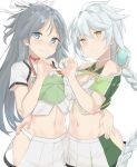  2girls bare_shoulders black_hair blue_eyes braid breasts cleavage_cutout crop_top eyebrows_visible_through_hair hair_ribbon high_ponytail hip_vent japanese_clothes kantai_collection katsuragi_(kantai_collection) large_breasts long_hair midriff multiple_girls navel pleated_skirt ponytail ribbon silver_hair simple_background single_braid skirt tiasis unryuu_(kantai_collection) very_long_hair white_background white_ribbon white_skirt yellow_eyes 