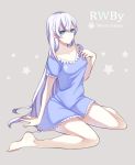  1girl arm_support barefoot blue_dress blue_eyes character_name copyright_name dress eyebrows_visible_through_hair full_body grey_background hair_between_eyes highres kesuke long_hair looking_at_viewer rwby short_dress short_sleeves silver_hair sitting solo star very_long_hair weiss_schnee 