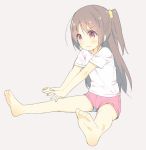  1girl annoyed barefoot brown_hair child commentary feet full_body long_hair meito_(maze) original pink_eyes pink_shorts shirt short_shorts shorts side_ponytail simple_background sitting solo stretch t-shirt v-shaped_eyebrows wavy_mouth 