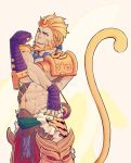  1boy abs banana bandage beard blonde_hair earrings eveurite_(ev) facial_hair fang fingerless_gloves food fruit fur_trim gloves hair_ornament highres jewelry male_focus monkey_tail nail_polish navel necklace open_mouth orange_eyes shirtless smite solo sun_wukong_(smite) tail teeth 