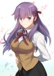  1girl bangs black_skirt blush bow brown_vest closed_mouth cowboy_shot fate/stay_night fate_(series) hair_bow highres long_hair long_sleeves looking_at_viewer matou_sakura nikame purple_hair red_bow school_uniform skirt smile solo violet_eyes 