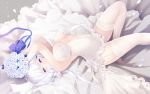  1girl arms_up azur_lane blue_eyes bouquet breasts bridal_veil cait cleavage closed_mouth covered_navel dress flower garter_straps gloves hair_flower hair_ornament highres illustrious_(azur_lane) large_breasts looking_at_viewer low_twintails lying mole mole_under_eye no_shoes on_back petals short_dress smile solo thigh-highs twintails veil white_dress white_gloves white_hair white_legwear 