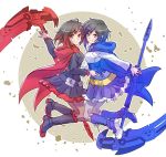  2girls alternate_color alternate_hair_color bandolier blazblue:_cross_tag_battle boots cape corset crescent_rose dual_persona highres iesupa multiple_girls player_2 ruby_rose rwby scythe 