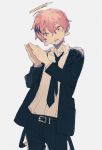  1boy belt black_jacket black_neckwear black_pants collared_shirt cowboy_shot formal grey_background halo hirota_tsuu jacket long_sleeves looking_at_viewer male_focus necktie open_mouth original pants pink_eyes pink_hair shirt simple_background solo suit white_shirt wing_collar 