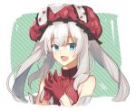  1girl :d bare_shoulders blue_eyes blush eyebrows_visible_through_hair fate/grand_order fate_(series) fingers_together gloves hat long_hair looking_at_viewer marie_antoinette_(fate/grand_order) nikame open_mouth red_gloves silver_hair sleeveless smile solo twintails upper_body 