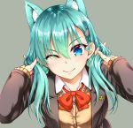  1girl akizuki_akina animal_ears aqua_hair blue_eyes blush bow bowtie breasts brown_blazer brown_jacket closed_mouth collared_shirt cropped grey_background hair_between_eyes hair_ornament hairclip jacket kantai_collection large_breasts lips long_hair looking_at_viewer one_eye_closed open_clothes open_collar open_jacket orange_neckwear photoshop remodel_(kantai_collection) shirt simple_background smile solo suzuya_(kantai_collection) upper_body white_shirt work_in_progress 