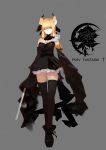  1girl absurdres animal_ears bangs bare_shoulders black_footwear black_hakama black_legwear black_skirt blonde_hair blunt_bangs boots breasts brown_eyes closed_mouth copyright_name detached_collar frilled_skirt frills full_body grey_background hair_ornament hair_over_one_eye hakama hakama_skirt highres holding holding_sword holding_weapon japanese_clothes logo looking_at_viewer medium_breasts obi one_eye_covered pixiv_fantasia pixiv_fantasia_t platform_footwear pleated_skirt sash simple_background skirt smoke solo standing sword thigh-highs walking weapon xiaoxiao zettai_ryouiki 