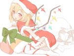  1girl alternate_costume bangs blonde_hair blush bow capelet eyebrows_visible_through_hair flandre_scarlet from_side full_body green_bow hair_between_eyes hat leaning_forward looking_at_viewer no_shoes open_mouth pointy_ears red_eyes red_skirt sack sakurea santa_costume seiza simple_background sitting skirt solo thigh-highs touhou white_background white_legwear zettai_ryouiki 
