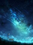  bench clouds czy_(2894456992) grass highres lamppost light_particles nebula night night_sky no_humans original outdoors scenery shooting_star sky star_(sky) starry_sky 
