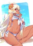  1girl ahoge arm_at_side arm_support bare_legs barefoot bikini breasts dark_skin eyebrows_visible_through_hair facing_away flower food front-tie_bikini front-tie_top fruit granblue_fantasy hair_between_eyes hair_flower hair_ornament hand_up hibiscus hong_(white_spider) large_breasts lips long_hair looking_at_viewer mouth_hold nail_polish navel outside_border red_eyes side-tie_bikini sitting solo strawberry swimsuit the_order_grande under_boob very_long_hair wet wet_clothes wet_swimsuit white_bikini white_hair yokozuwari 