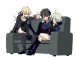  1boy 2girls ahoge artoria_pendragon_(all) black_hair blonde_hair boots breasts business_suit cleavage couch cross cross_necklace fate/grand_order fate_(series) food formal french_fries fujimaru_ritsuka_(male) fur_trim high_heel_boots high_heels imigimuru jacket jeanne_d&#039;arc_(alter)_(fate) jeanne_d&#039;arc_(fate)_(all) jewelry multiple_girls necklace necktie ponytail saber_alter silver_hair simple_background sitting sitting_on_object suit white_background yellow_eyes 