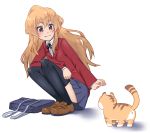  1girl aisaka_taiga anus bag blonde_hair brown_eyes full_body loafers long_hair palmtop_tiger school_bag school_uniform shoes simple_background solo squatting techsupportdog thigh-highs toradora! white_background 