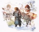  4boys 4girls bird bravely_default:_flying_fairy bravely_default_(series) brown_hair company_connection creator_connection crossover dragonfly duck everyone fence highres insect mole mole_under_mouth multiple_boys multiple_girls official_art olberic_eisenberg pointing primrose_azelhart project_octopath_traveler riding sheep smile spiky_hair square_enix tiz_oria yoshida_akihiko 
