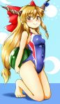  1girl blue_background blue_swimsuit blush breasts brown_eyes competition_swimsuit d-m_(dii_emu) food fruit highres horn_ribbon horns ibuki_suika kneeling long_hair looking_at_viewer one-piece_swimsuit oni orange_hair ribbon small_breasts smile solo swimsuit touhou watermelon 