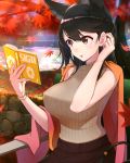  1girl alternate_costume atago_(azur_lane) autumn_leaves azur_lane bangs black_hair book breasts brown_eyes casual day erect_nipples hair_tucking highres holding holding_book large_breasts leaf maple_leaf mappaninatta open_book outdoors reading ribbed_sweater sleeveless solo sweater swept_bangs turtleneck turtleneck_sweater 