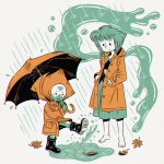  2girls :3 :| autumn_leaves barefoot boots closed_mouth commentary_request dot_nose dress forehead_jewel hands_in_pockets height_difference holding holding_umbrella hood hooded_jacket jacket kicking lapis_lazuli_(steven_universe) leaf multiple_girls multiple_monochrome peridot_(steven_universe) rain raincoat rubber_boots short_hair smile splashing steven_universe tajima_naoto traditional_media umbrella unamused water wings 