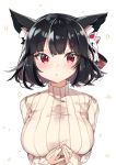  1girl absurdres animal_ears azur_lane black_hair breasts cat_ears commentary_request fox_mask highres large_breasts mask mask_on_head red_eyes ribbed_sweater short_hair sweater turtleneck turtleneck_sweater upper_body yamashiro_(azur_lane) yayoichi_(yoruyoru108) 