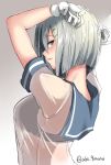  1girl abi_(abimel10) black_bra blue_eyes blush bra breasts from_behind from_side gloves grin hair_ornament hairclip hamakaze_(kantai_collection) hands_up highres kantai_collection large_breasts looking_at_viewer looking_back sailor_collar school_uniform see-through serafuku short_hair silver_hair simple_background smile solo twitter_username underwear upper_body white_background white_gloves 