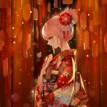  1girl catcan ema floral_print flower from_side hair_flower hair_ornament hair_up japanese_clothes kimono long_hair niya obi orange_eyes original pink_hair pink_lips sash solo yukata 