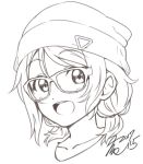  1girl :d beanie blush dated eyebrows_visible_through_hair glasses greyscale hair_between_eyes hat looking_at_viewer love_live! love_live!_sunshine!! monochrome open_mouth portrait short_hair short_twintails signature simple_background smile solo takeya_yuuki twintails watanabe_you white_background 