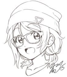  1girl :d beanie blush dated eyebrows_visible_through_hair glasses greyscale hair_between_eyes hat looking_at_viewer love_live! love_live!_sunshine!! monochrome open_mouth portrait short_hair short_twintails signature simple_background smile solo takeya_yuuki twintails watanabe_you white_background 