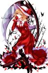  1girl absurdres apple blonde_hair dress elly food fruit hat highres holding holding_fruit juliet_sleeves long_sleeves looking_at_viewer puffy_sleeves red_dress red_eyes scythe sheya short_hair touhou 