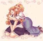  2girls :d alice_margatroid apron blue_dress blush braid breasts capelet closed_eyes curly_hair curvy dress freckles heart hug hug_from_behind kirisame_marisa large_breasts mary_janes multiple_girls no_hat no_headwear open_mouth orz_(kagewaka) round_teeth seiza shoes side_braid single_braid sitting smile sparkle star teeth thick_eyebrows touhou turtleneck v_arms vest waist_apron wavy_hair yellow_eyes yuri 