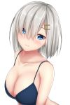 1girl blue_bra blue_eyes blush bra breasts cleavage closed_mouth hair_ornament hair_over_one_eye hairclip hamakaze_(kantai_collection) kantai_collection large_breasts looking_at_viewer short_hair silver_hair simple_background solo tapisuke underwear upper_body white_background 