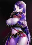  bangs bodysuit breasts covered_navel fate/grand_order fate_(series) fingerless_gloves gloves highres huge_breasts long_hair low-tied_long_hair minamoto_no_raikou_(fate/grand_order) parted_bangs purple_bodysuit purple_hair taishi_(picchiridou) very_long_hair 