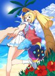  1girl :d beach blonde_hair clouds cosmog green_eyes hand_holding highres hood hoodie horizon lillie_(pokemon) long_hair ocean open_mouth palm_tree pleated_skirt pointing pokemon pokemon_(game) pokemon_sm ponytail short_sleeves skirt sky smile sun tm_(hanamakisan) tree water white_skirt 