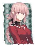  1girl bangs black_ribbon braid breasts eyebrows_visible_through_hair fate/grand_order fate_(series) florence_nightingale_(fate/grand_order) hair_ribbon large_breasts long_hair looking_at_viewer military military_uniform nikame parted_lips pink_hair red_eyes ribbon single_braid solo uniform upper_body 