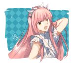  1girl :d armpit_peek bangs blush breasts fate/grand_order fate_(series) frills long_hair looking_at_viewer medb_(fate/grand_order) nikame open_mouth pink_hair short_sleeves small_breasts smile solo tiara upper_body v-shaped_eyebrows very_long_hair yellow_eyes 