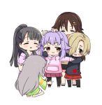  5girls :3 :d bangs beige_shirt black_footwear black_hair black_hoodie black_legwear black_shorts blonde_hair blunt_bangs blush brown_hair character_request chibi closed_eyes closed_mouth drawstring eyebrows_visible_through_hair green_shirt grey_hair hair_between_eyes hair_flaps hair_ornament hair_over_one_eye hairclip hands_in_sleeves high_ponytail hoshi_shouko idolmaster idolmaster_cinderella_girls kobayakawa_sae koshimizu_sachiko long_hair long_sleeves moru_(monaka) multiple_girls one_knee open_mouth outstretched_arms pink_hoodie pink_shirt pink_skirt plaid plaid_skirt pleated_skirt ponytail red_skirt shirasaka_koume shirt shoes short_hair short_shorts short_sleeves shorts sidelocks simple_background skirt smile socks spread_arms standing thigh-highs v-shaped_eyebrows very_long_hair white_background white_legwear white_skirt 