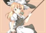  1girl apron blonde_hair blush bow braid broom cycloneyukari grin hat hat_bow hat_ribbon kirisame_marisa long_hair ribbon side_braid single_braid skirt skirt_set smile solo touhou turtleneck vest waist_apron witch_hat yellow_eyes 