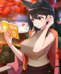  1girl alternate_costume atago_(azur_lane) autumn_leaves azur_lane bangs black_hair book breasts brown_eyes casual day erect_nipples hair_tucking highres holding holding_book large_breasts leaf maple_leaf mappaninatta open_book outdoors reading revision ribbed_sweater sleeveless solo sweater swept_bangs turtleneck turtleneck_sweater 