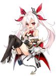  1girl anchor azur_lane bare_shoulders black_bikini_top black_legwear bow breasts chains fang finger_to_mouth garter_straps hair_bow hair_ornament long_hair looking_at_viewer machinery open_mouth red_eyes skirt skirt_lift slit_pupils small_breasts solo thigh-highs torpedo_tubes turret twintails unname vampire_(azur_lane) white_hair 