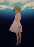  arms_behind_back bare_arms bare_shoulders barefoot blonde_hair blue_eyes closed_mouth clouds dress full_body hair_ornament hairclip hirota_tsuu holding holding_shoes light_frown looking_at_viewer looking_back original sandals sandals_removed shoes short_hair standing wading white_dress 