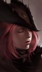  1girl bloodborne closed_eyes commentary_request eyebrows eyelashes face hat hunter_(bloodborne) phamoz pink_hair pink_lips realistic shiny shiny_skin solo 