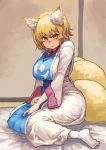  1girl absurdres animal_ears bangs blonde_hair breasts chanta_(ayatakaoisii) closed_mouth dress eyebrows_visible_through_hair fox_ears fox_tail highres huge_breasts indoors long_sleeves looking_at_viewer multiple_tails short_hair sitting slit_pupils solo tabard tail touhou white_dress white_legwear wide_sleeves yakumo_ran yellow_eyes 