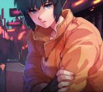  1girl black_hair blue_eyes blue_sky canal city crossed_arms fingerless_gloves fingernails ghost_in_the_shell gloves katsuoboshi kusanagi_motoko lights looking_at_viewer orange_coat short_hair sidelocks sky solo twitter_username urban 